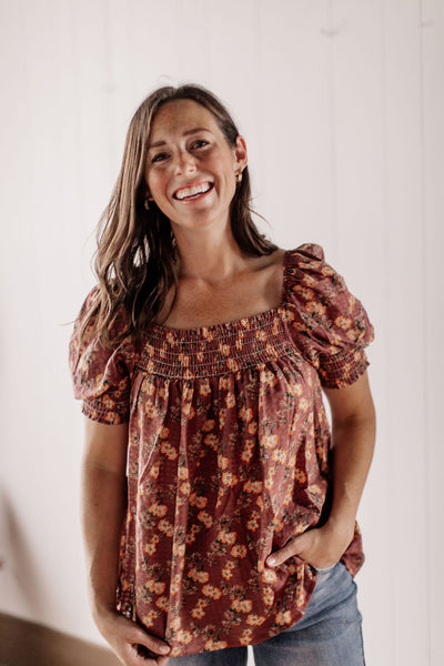 RESTOCK Picking Wildflowers Smocked Peasant Top - Mauve Floral