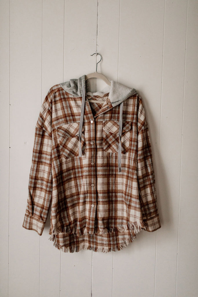 Bonfire Nights Tan Plaid Hooded Flannel Jacket