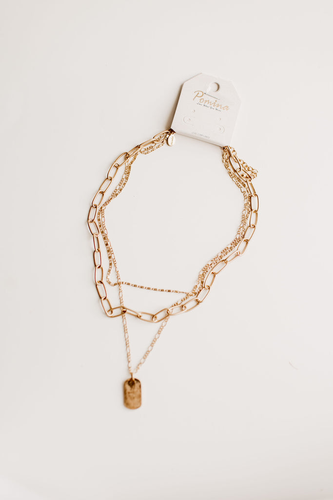 Three-In-One Gold Chain Necklace with Gold Rectangle Pendant