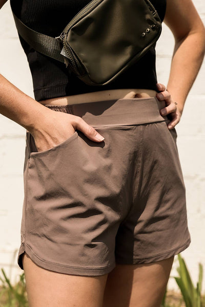 Sweat It Out Taupe Side Pockets Curved Hemline Athletic Shorts