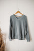 Autumn Sky Slate Blue V-neck Ribbed Long Sleeve Top