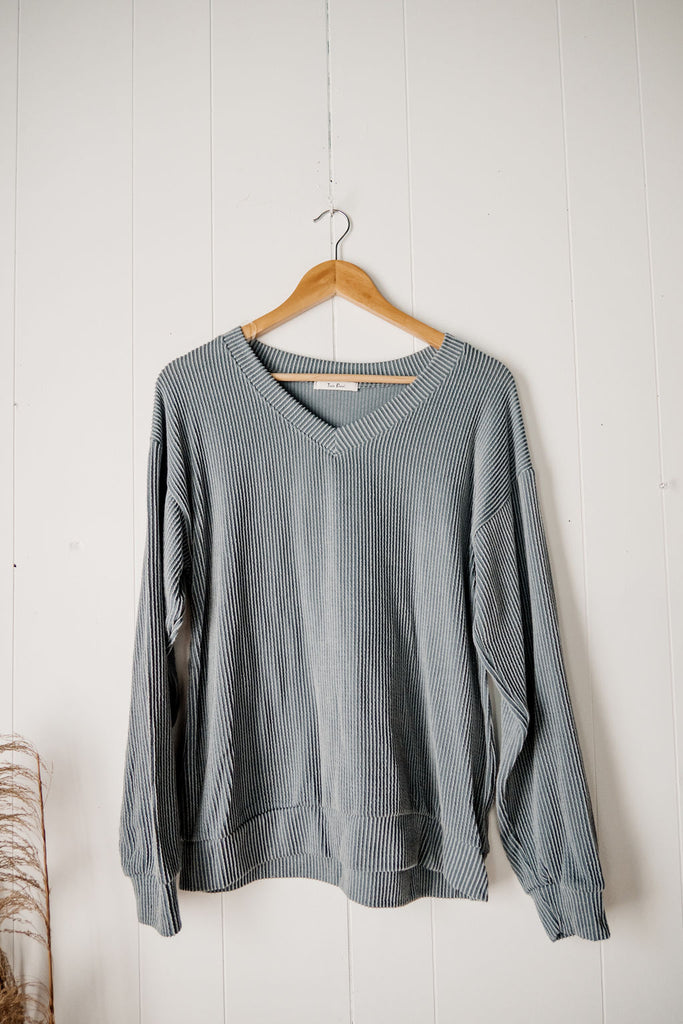 Autumn Sky Slate Blue V-neck Ribbed Long Sleeve Top