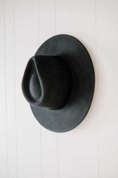 Fall Wool Hat with Braided Trim - Black