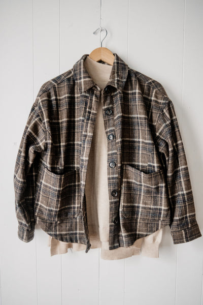 Long Sleeve Button Down Brown Crop Swing Flannel Jacket - Rustic