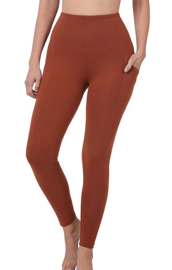 Wholesale Womens High Waist Rib Knit Leggings With Side Pockets - Chocolate  Brown