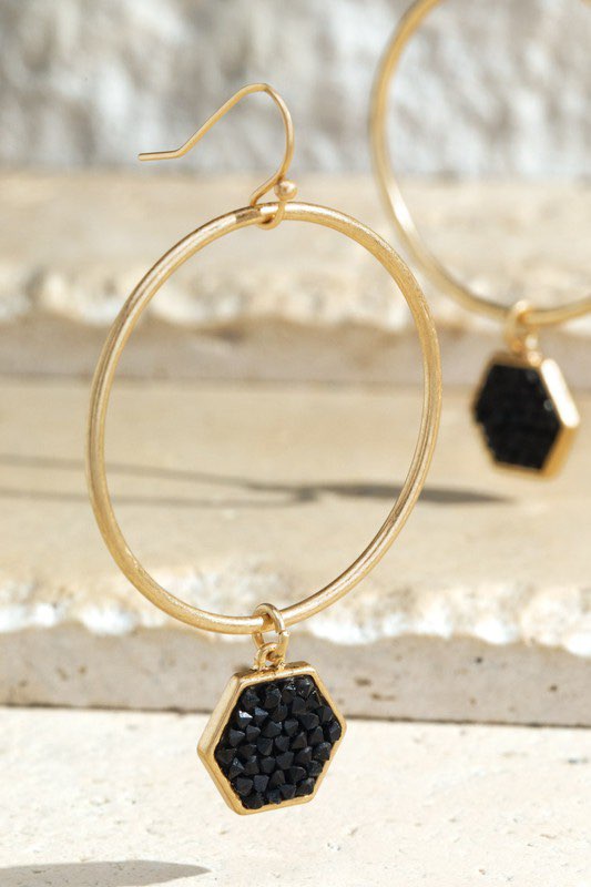 Black Hexagon Charm Hoop Dangle Gold Earrings
