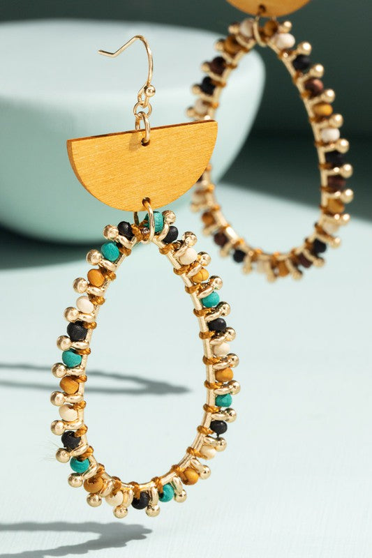 Beaded Black & Turquoise Hoop Earrings