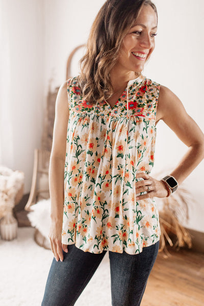 Good Vibes Only Babydoll Floral Sleeveless Top