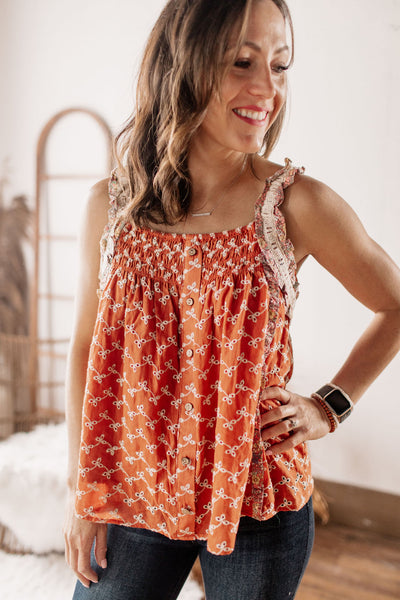 Dainty & Detailed Eyelet Peasant Button Down Rust Top