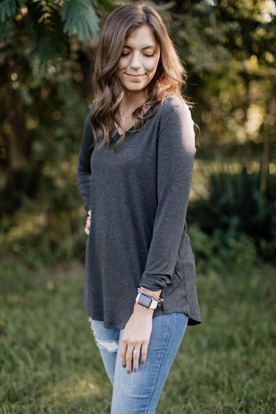 Comfort Basic Long Sleeve V-Neck Tee - Charcoal