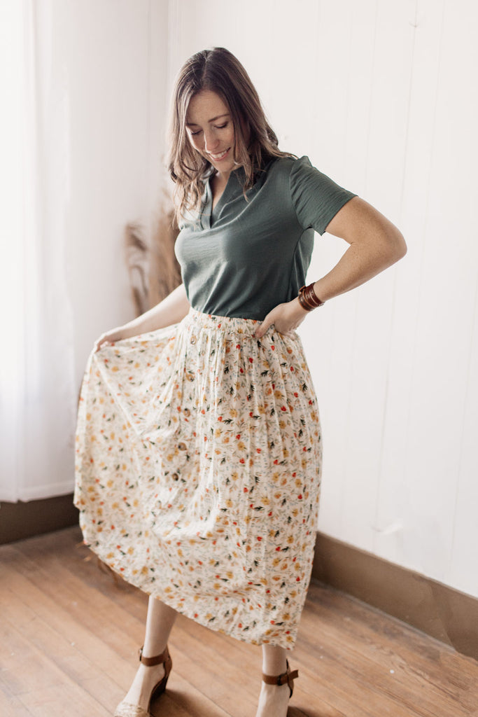 Faithful Floral Elastic Waist Button Down Ivory Skirt