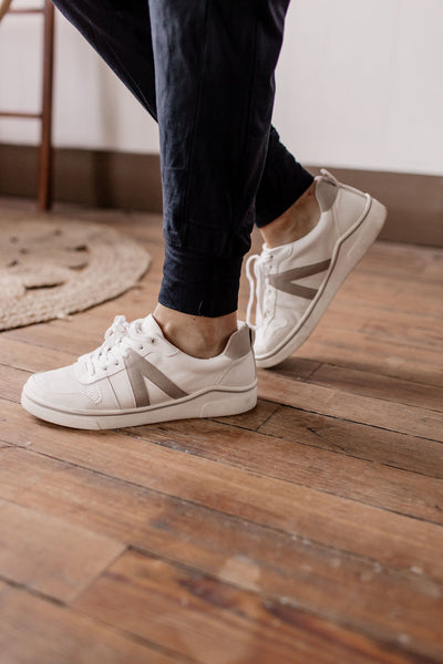 Mom on the Run Lace Up White & Tan Sneakers