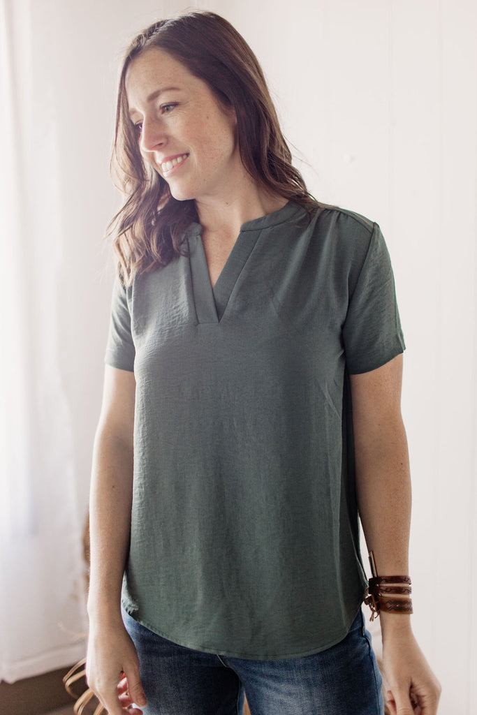 Sunday Service Jewel Green Slit V-neck Blouse