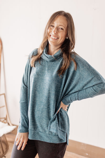 Oversized Dolman Teal Turtleneck with Side Slits