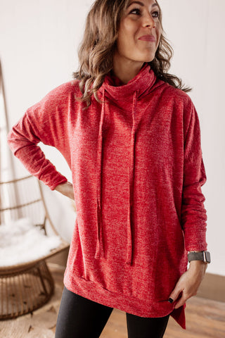 Brushed Drawstring Turtle Neck Tunic Sweater - Red