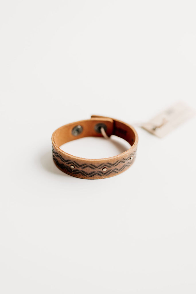 Brown Leather Snap Bracelet with Chevron Design