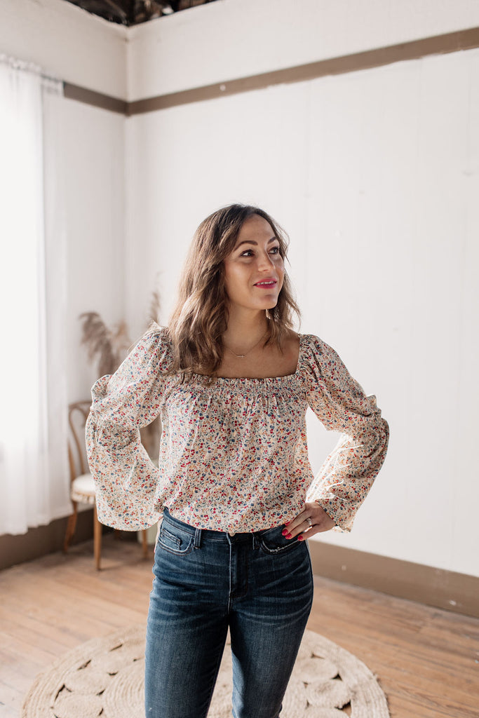 Good Luck Charm Cream & Gold Floral Peasant Blouse With Bell Sleeve