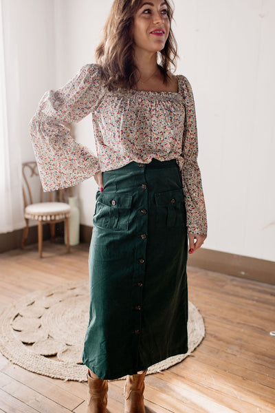 Fields of Clover Corduroy Green Button Down Skirt with Pockets