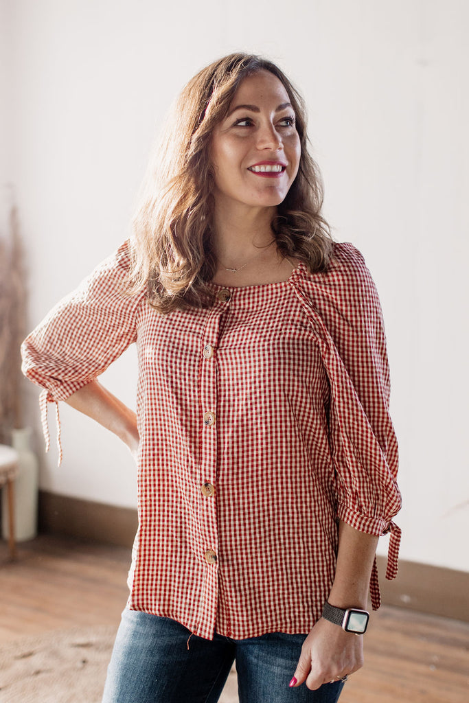 Where the Heart Is Gingham Button Down Tie Quarter Sleeve Top