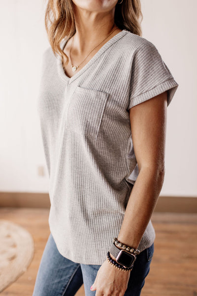 Gray Thermal Layering Tee With Pocket & Cuffed Cap Sleeve