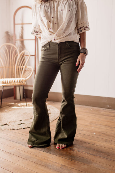 Fall In Love High Waisted Flare Olive Jeans