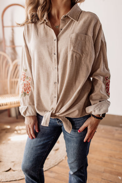Fall Button Down Tan Shirt With Embroidered Sleeve