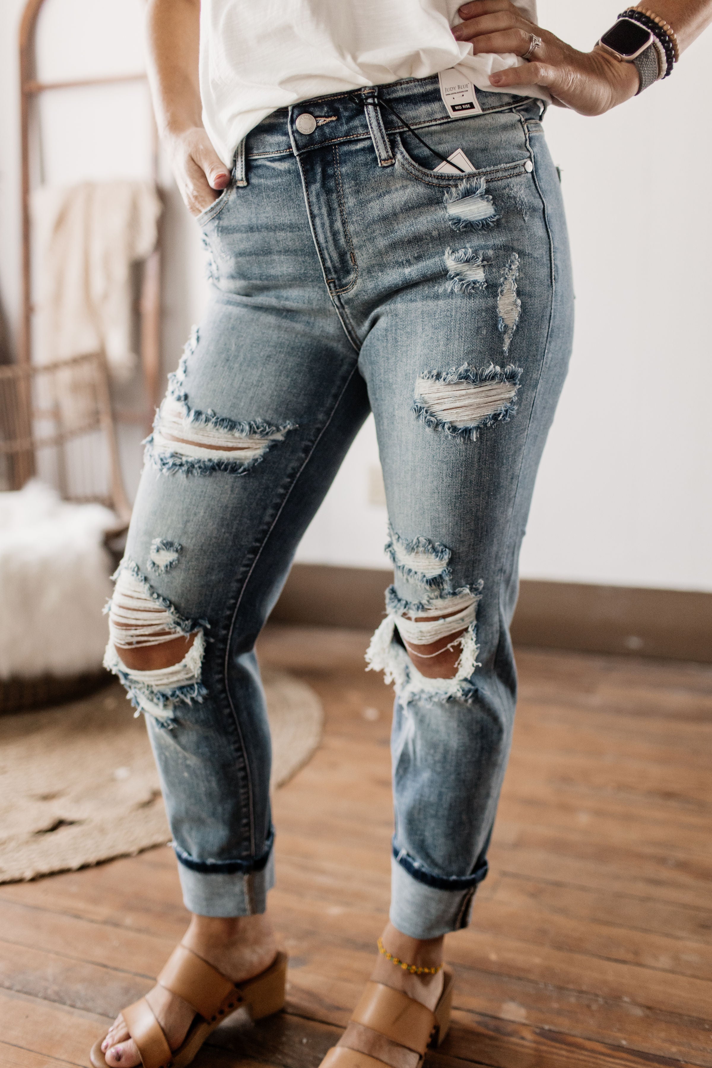 Mid Rise Destructed Boyfriend Bleach Splash Judy Blue Jeans - Rustic Honey  – Rustic Honey