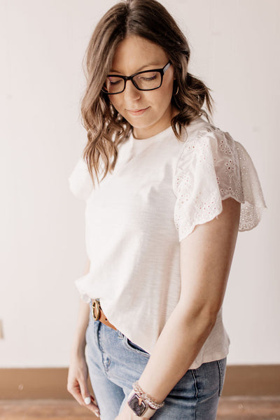 Grateful Getaway Ruffle Crocheted Short Sleeve Ivory Top