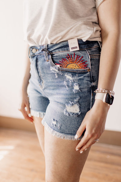 Rise & Shine Embroidered Pocket Cut Off Judy Blue Shorts