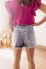 Sweetheart Ruffle Waist Frayed Hem Light Wash Denim Shorts