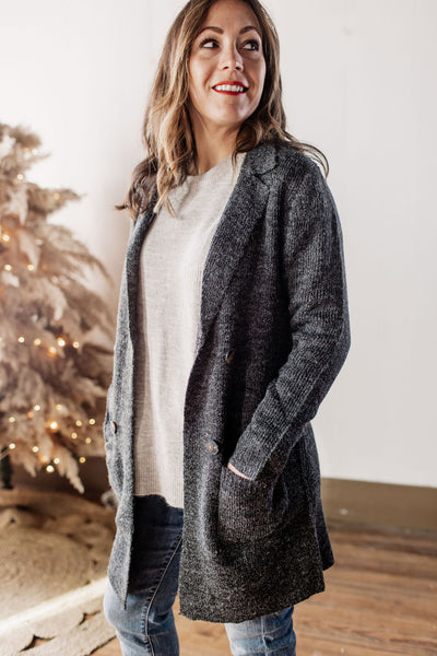 Comfy Knit Collared Cardigan with Pockets - Charcoal