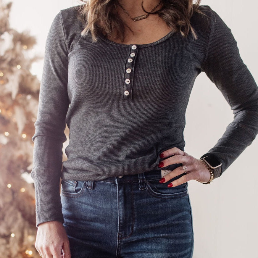Snow Day Fun Charcoal Thermal Henley Top