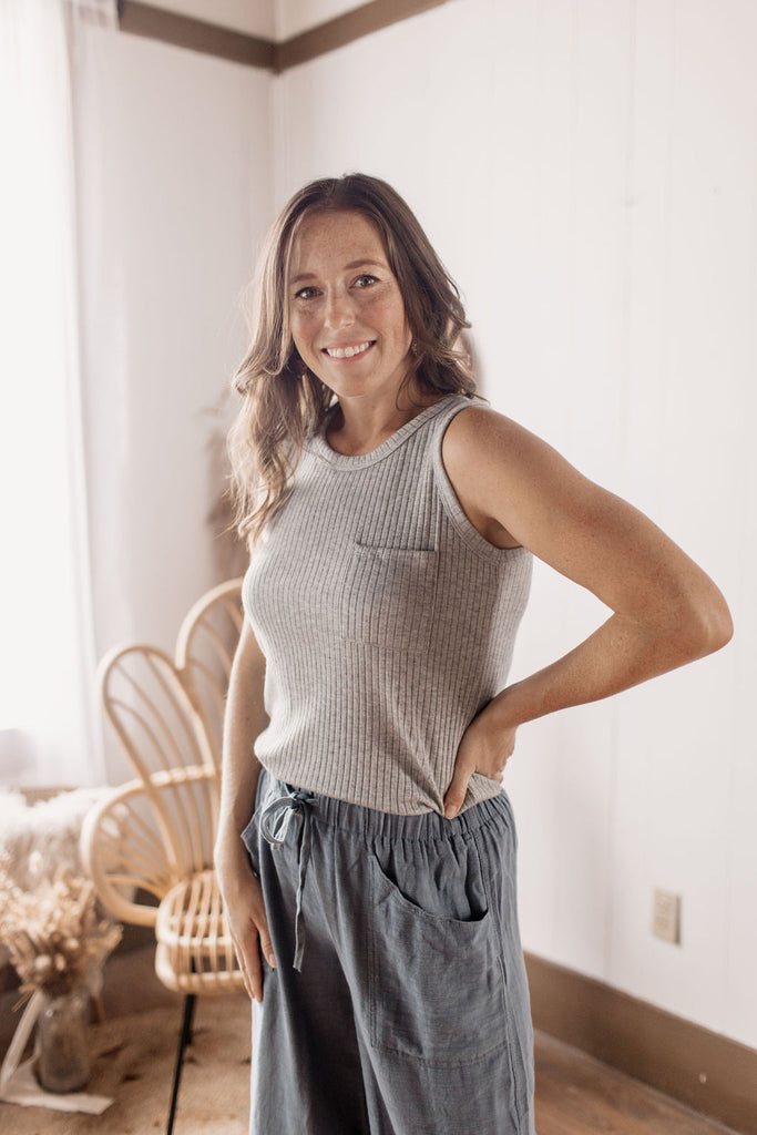 Goodbye Summer Round Neck Front Pocket Ribbed Knit Tank- Gray