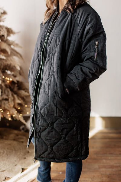 Sleigh Bells Ring Long Quilted Black Utilitiy Coat