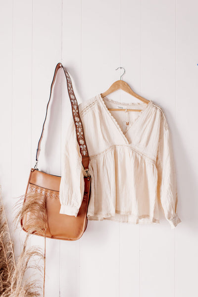 RESTOCK Pippa Light Brown Embroidered Strap Crossbody Handbag