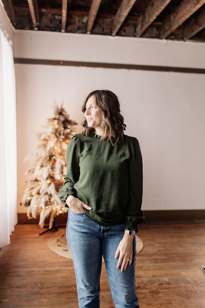 December to Remember Forest Ruffle Neck Long Sleeve Blouse