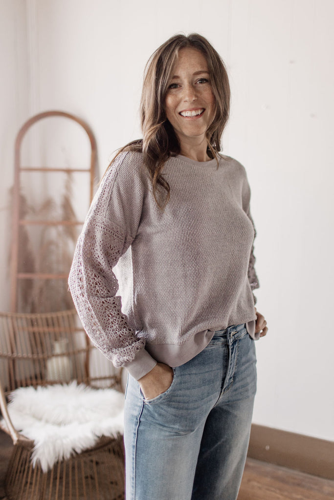 Groovy Threads Gray Crochet Long Sleeve Knit Top