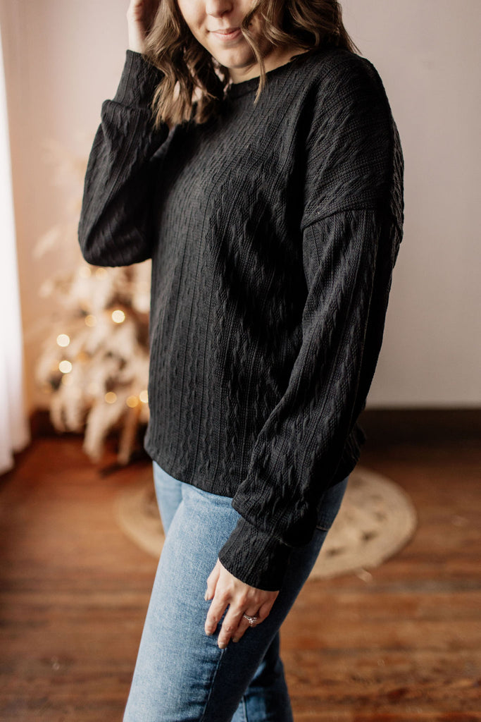 New Year Fun Cable Knit Pullover Long Sleeve Black Sweater