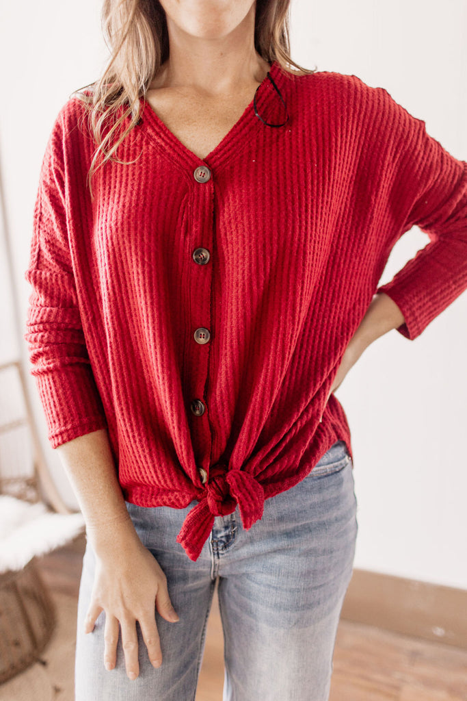 Here For Halftime Button Down Red Knit Cardigan