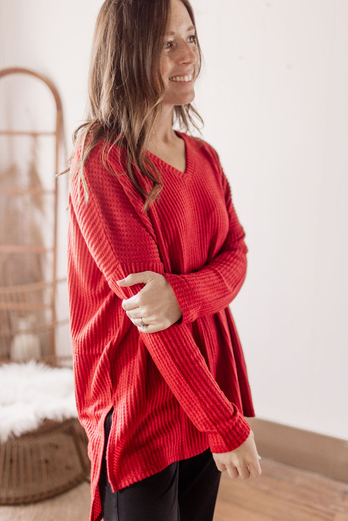 Game Day Cozy Red Waffle Knit Tunic Top