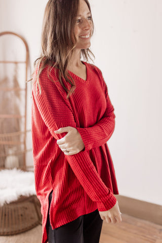 Game Day Cozy Red Waffle Knit Tunic Top