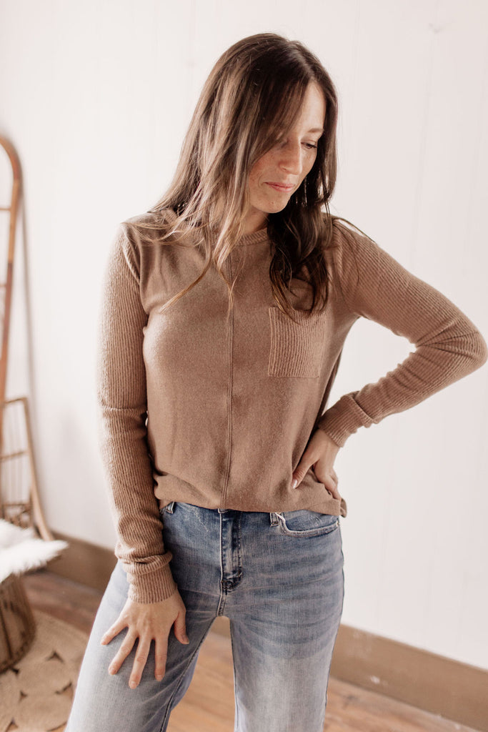 Back In The Day Brushed Long Sleeve Knit Sweater - Mocha