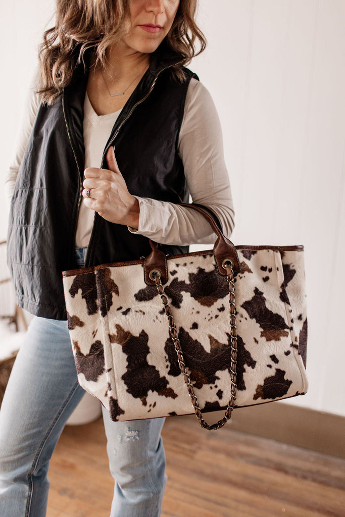 RESTOCK Kristina Cow Hide Handbag With Chain Leather Straps