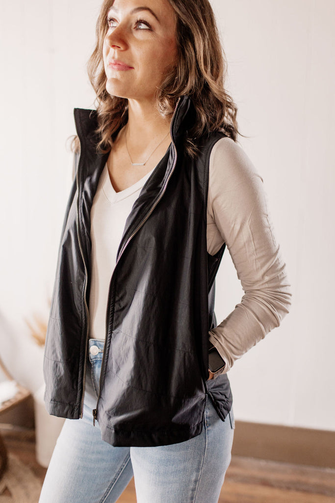Let Her Rip Black Zip Up Vest With Pockets & Side Slits