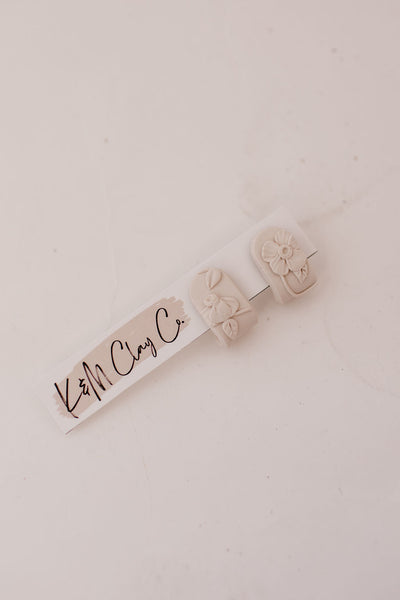 K&M Clay Huggie Earrings - Ivory Raised Floral