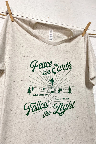 Peace On Earth (Green Print) Christmas Tee by Rustic Honey