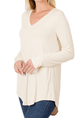 Comfort Basic Sand Beige Long Sleeve V-neck Tee